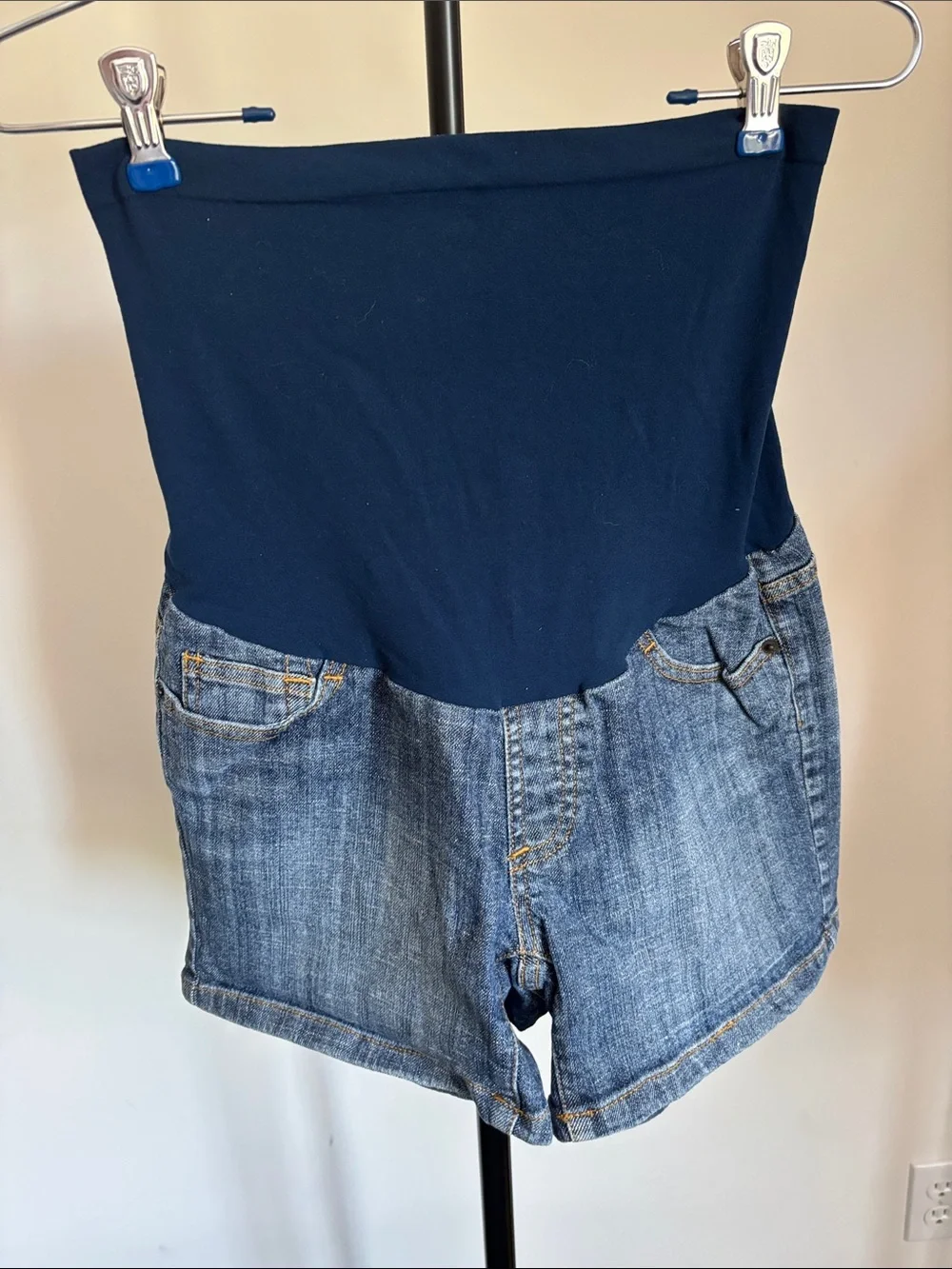 Navy & Blue Maternity Denim Shorts with Stretch Panel